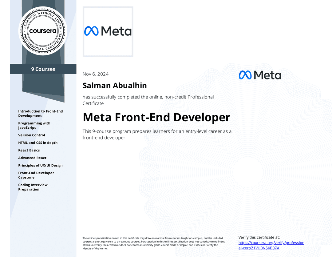 Meta FrontEnd Developer Professional Certificate